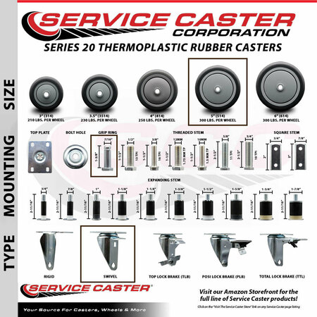 Service Caster 5'' Thermo Rubber Wheel Swivel 7/16'' Grip Ring Stem Caster Set 2 Brake, 4PK SCC-GR20S514-TPRB-PLB-716138-2-S-2